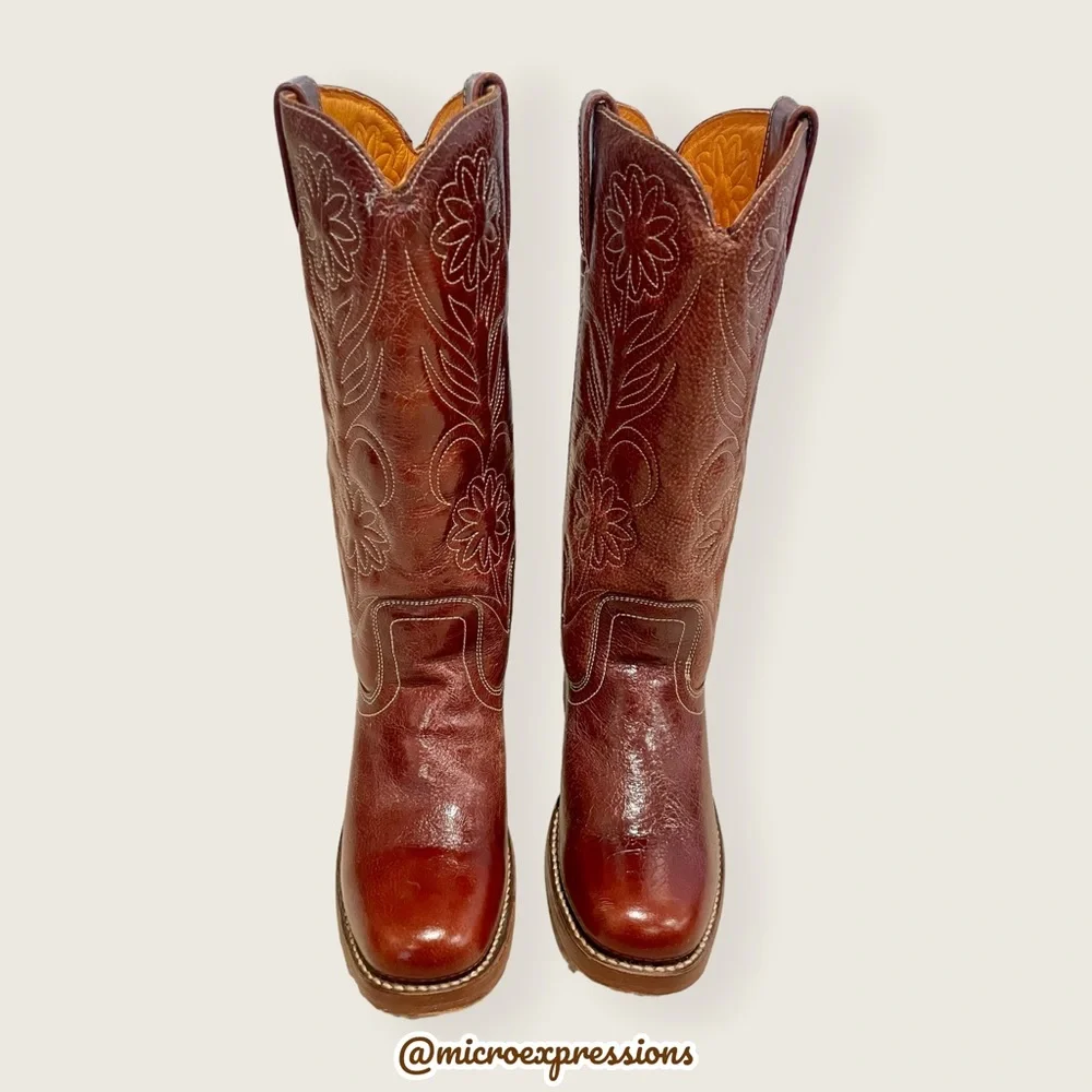 RARE 1960s Frye Vintage Embroider Brown Campus Western Cowboy Floral Stitch Boot